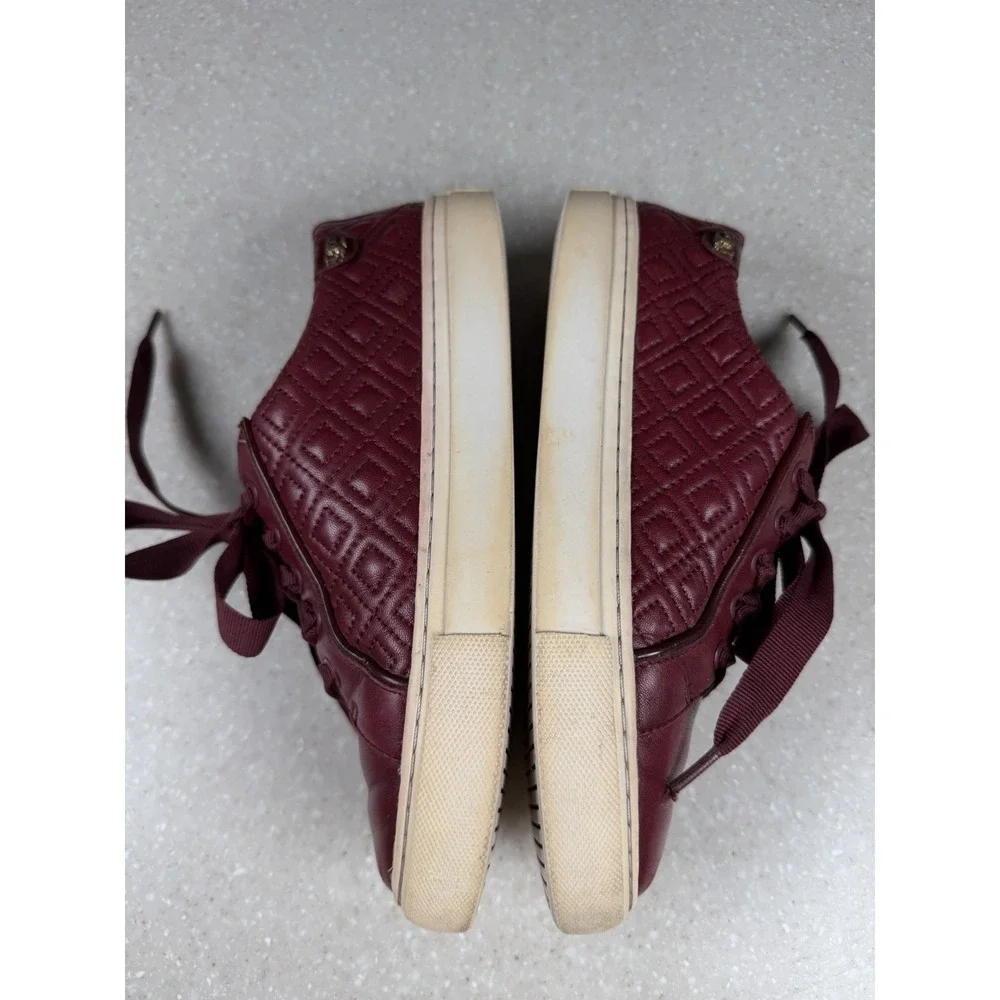 Tory Burch Marion Quilted Leather Logo Ribbon Laced Sneakers Red Burgundy 5.5M